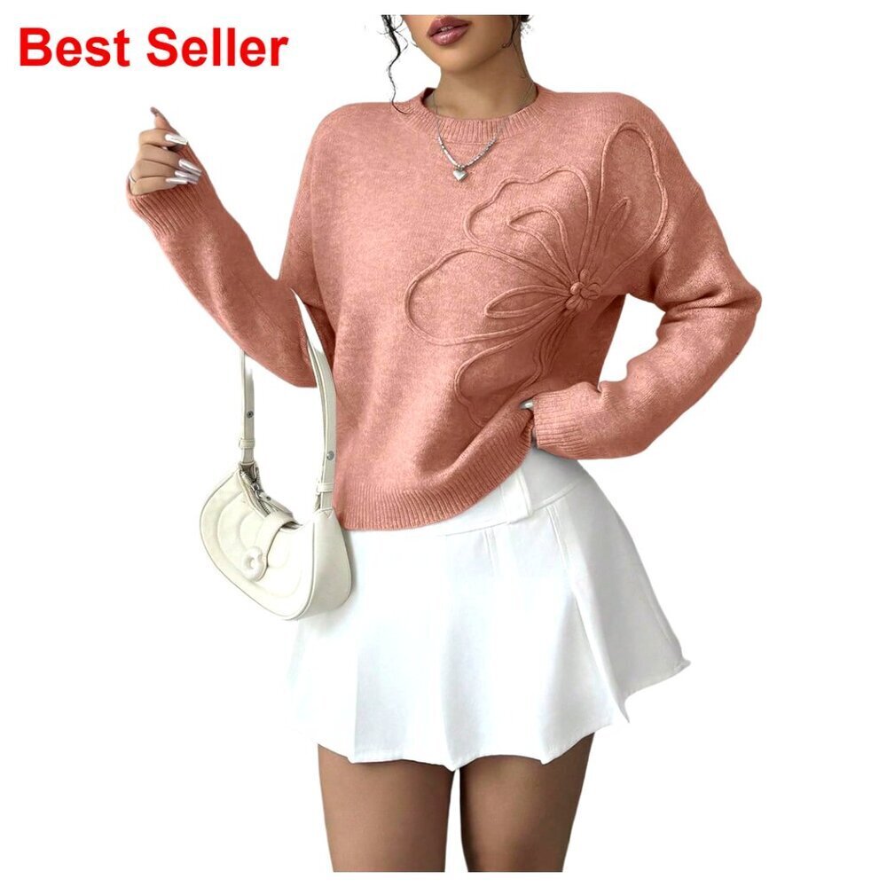 3D Floral Applique Crewneck Sweater Long Sleeve Drop Shoulder Pullover Knit Top